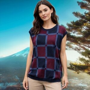 Stizzoli Merino Wool Top Vest 3X Italy Sleeveless Check Red Blue Preppy Academia